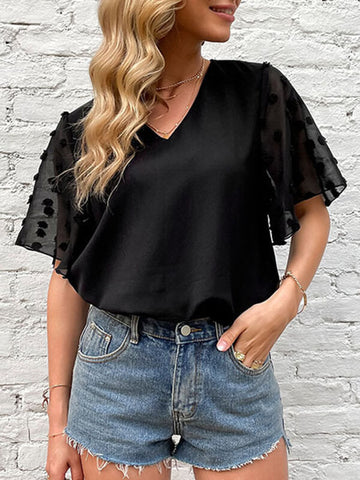 Woochic t-shirt à pois v-cou tulle volants superposés femme mode Noir S